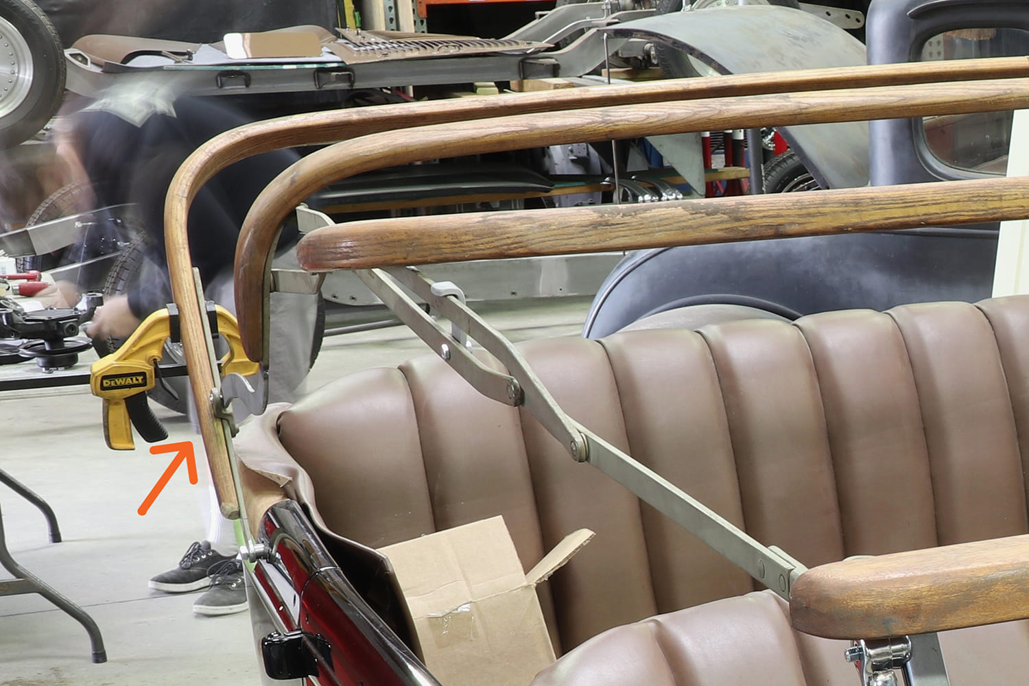 04 1932 Ford Phaeton with bare wooden top bows and cross supports fitted for patterning