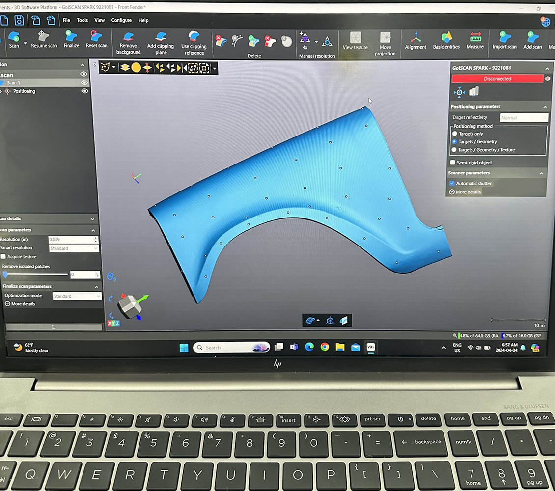 04 GOM software captures 3D scan of the fender aiding reverse engineering for part replication