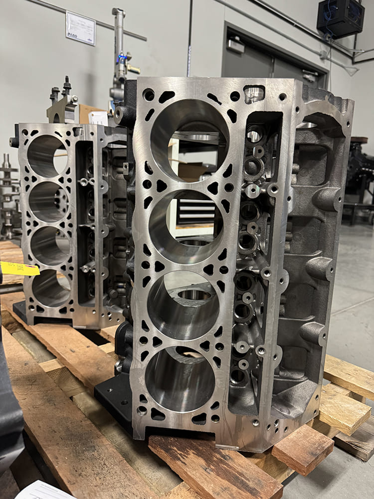 06 Dual LS blocks on pallet machined and staged for builds showcasing deep cylinder bores and webbing