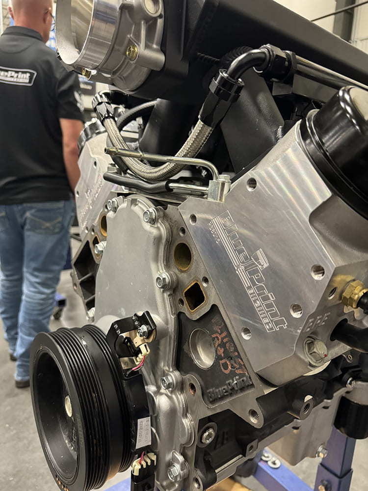 07 Detailed view of front drive billet components and fuel rail plumbing on BluePrint LS engine
