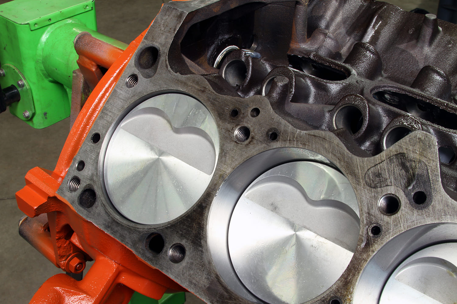 07 ICON pistons installed in bores showing valve reliefs and deck clearance in 340 block