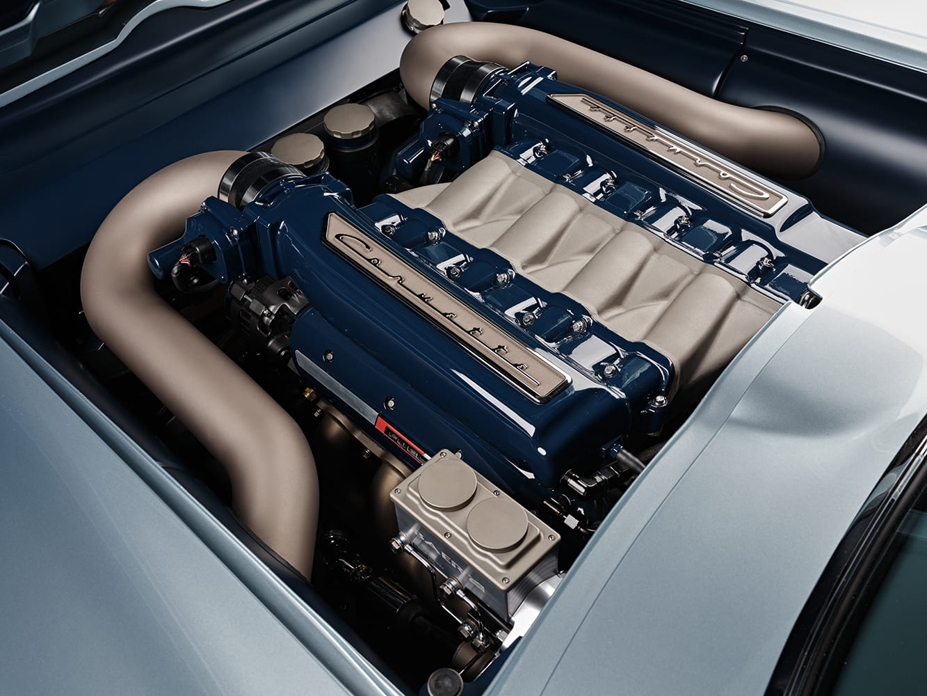 09 1963 Corvette Restomod engine bay smoothed firewall twin turbo setup powder coated components