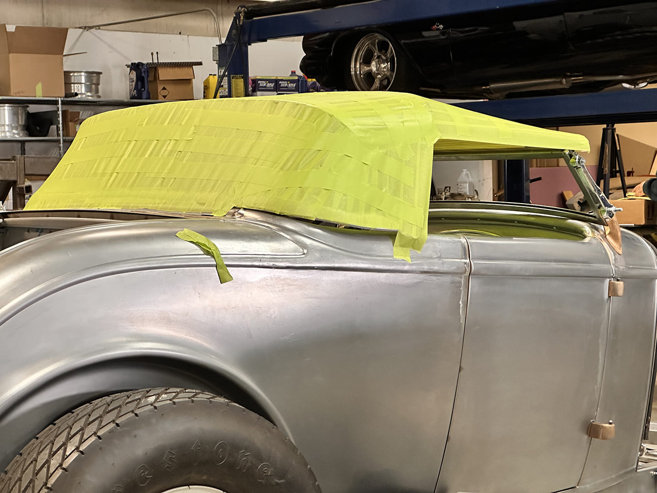 10 1932 Ford Roadster with chopped windshield and green tape mock up for custom convertible top