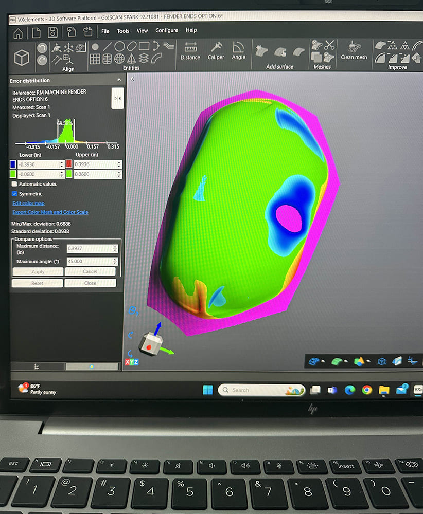 11 VXelements software displays color map of 3D scan deviation on digitally formed fender panel