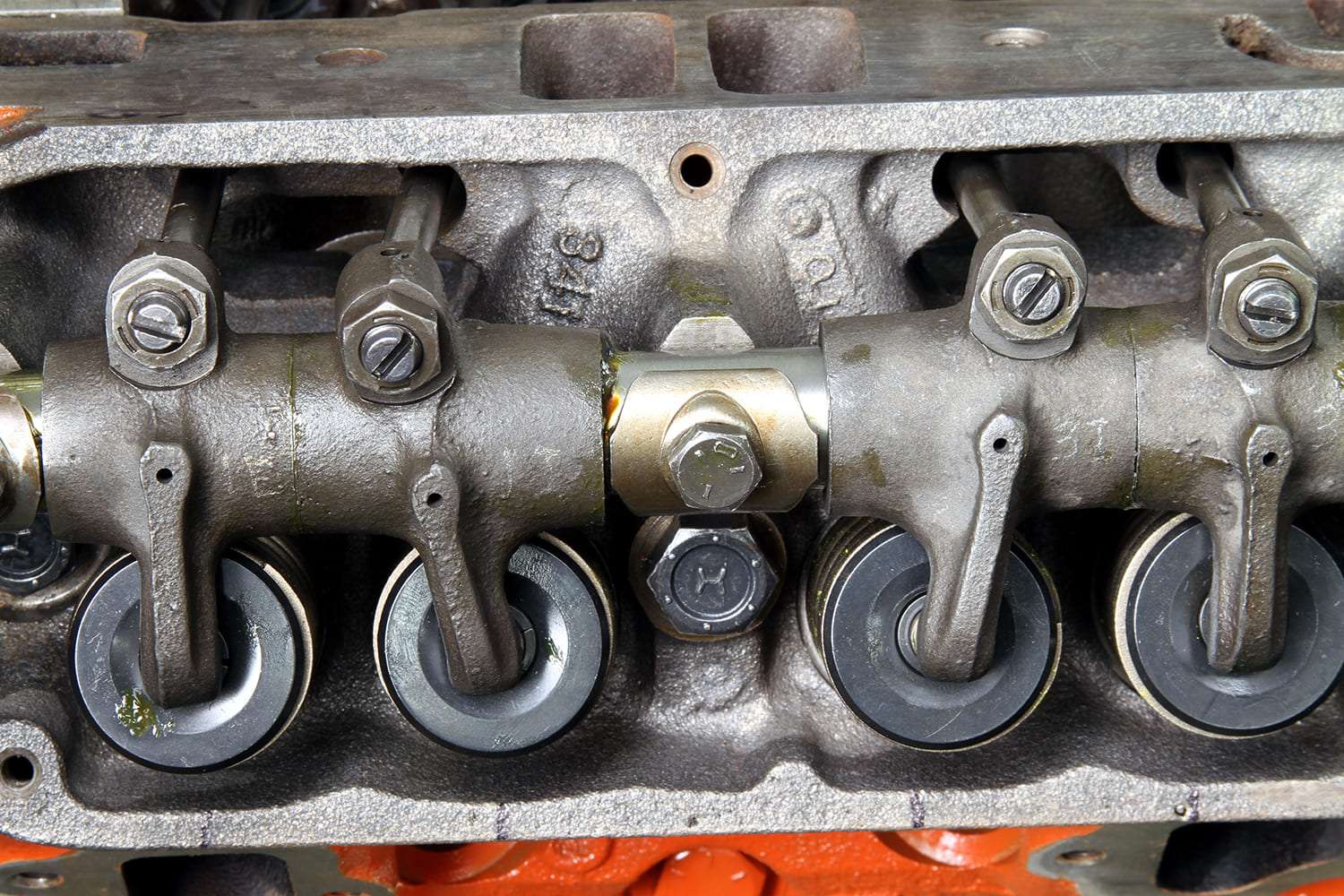 14 Factory shaft mounted rocker assembly on Mopar 340 with stamped rockers