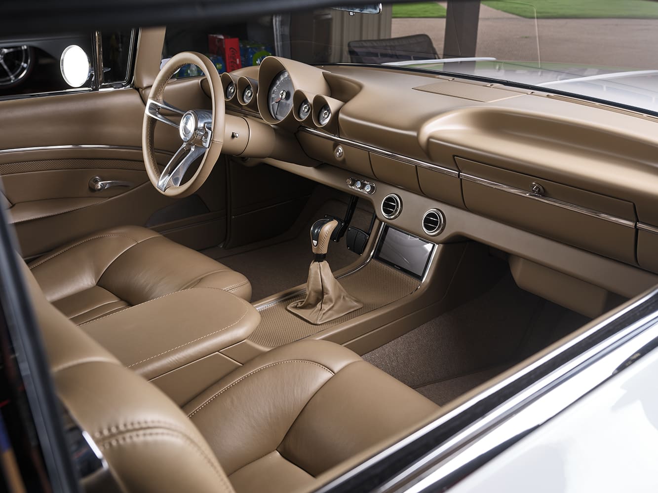 18 1959 Impala interior in full custom tan leather with modern stitched bucket seats and wrapped dash