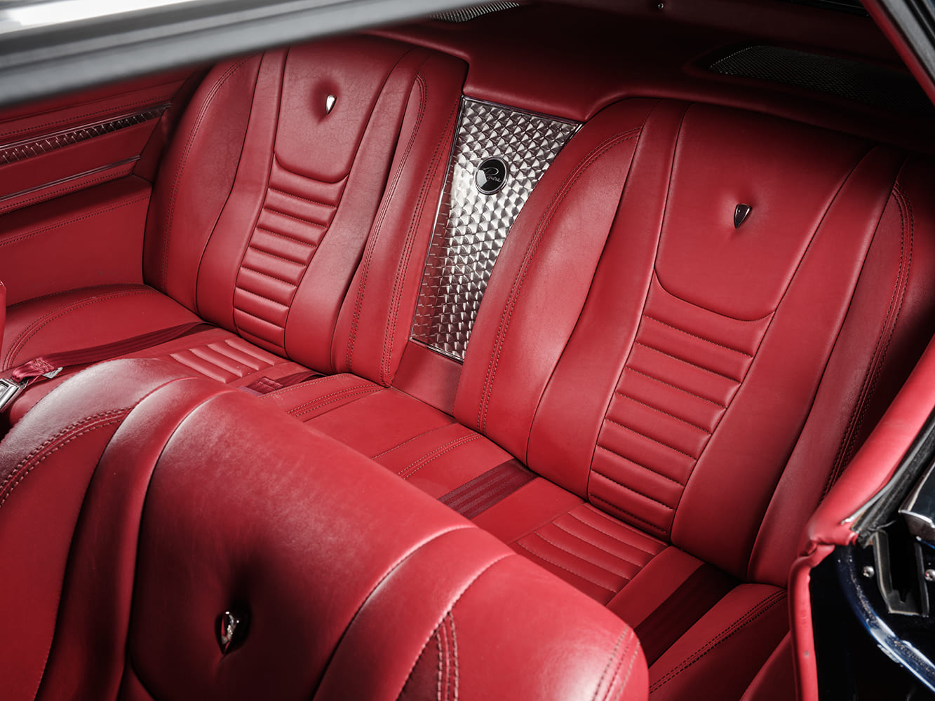 18 Rear seat 1963 Buick Riviera red stitched leather custom bucket style rear seating upgrade