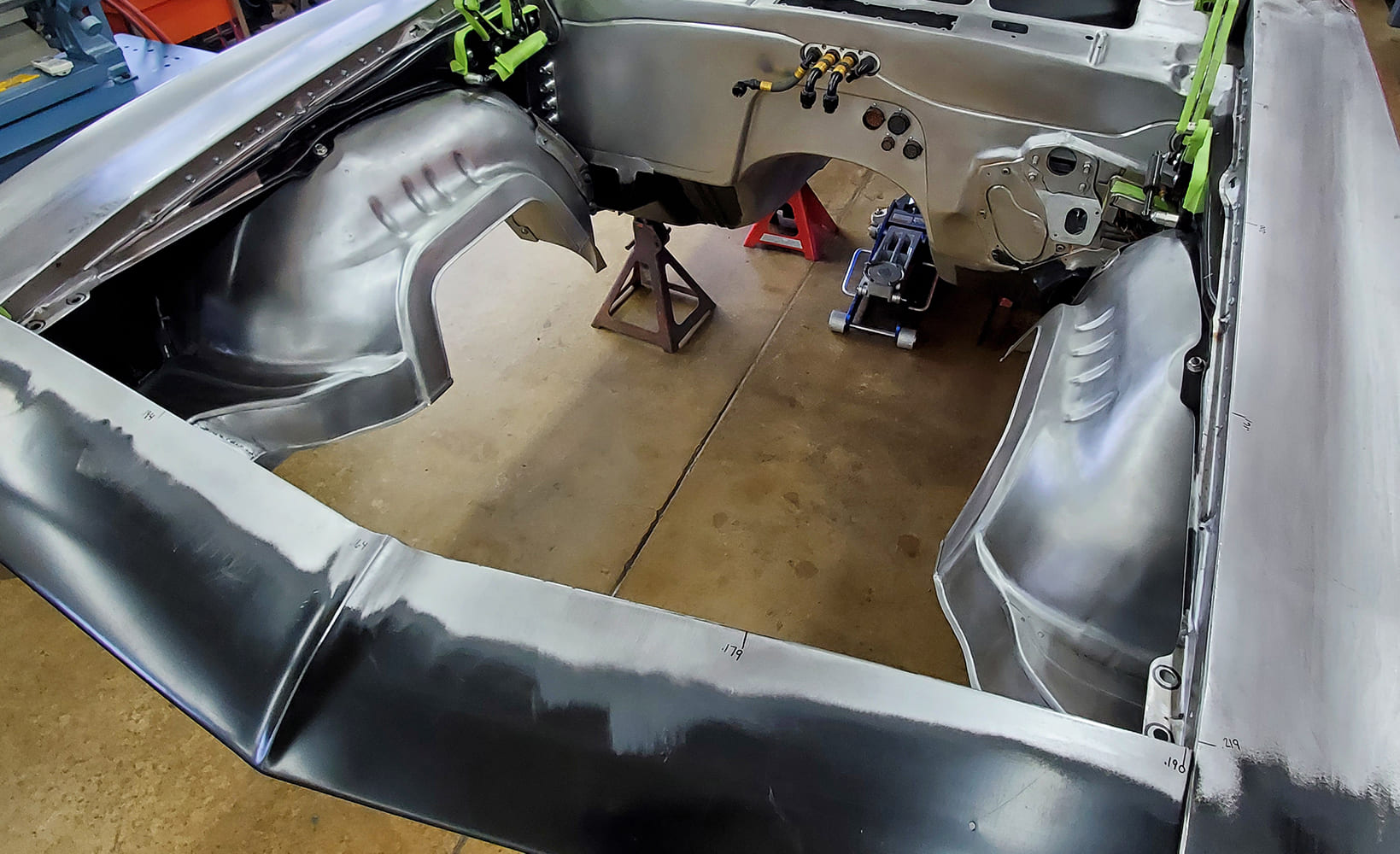 21 1969 Camaro engine bay fully mocked up with smoothed aprons and firewall