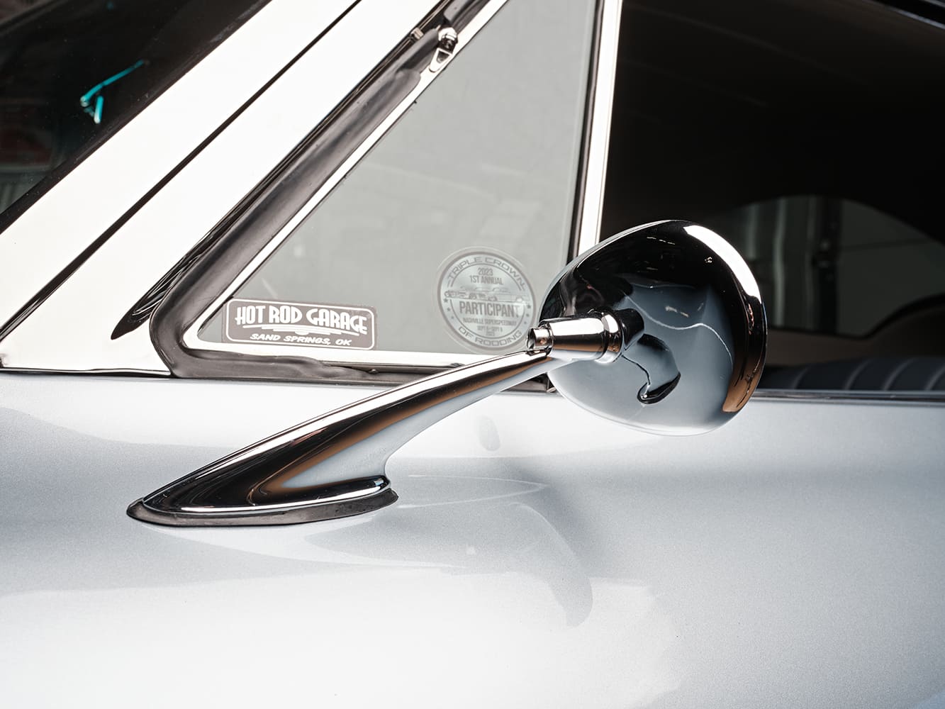 23 1963 Corvette side mirror billet style smooth fender line Hot Rod Garage badge on glass
