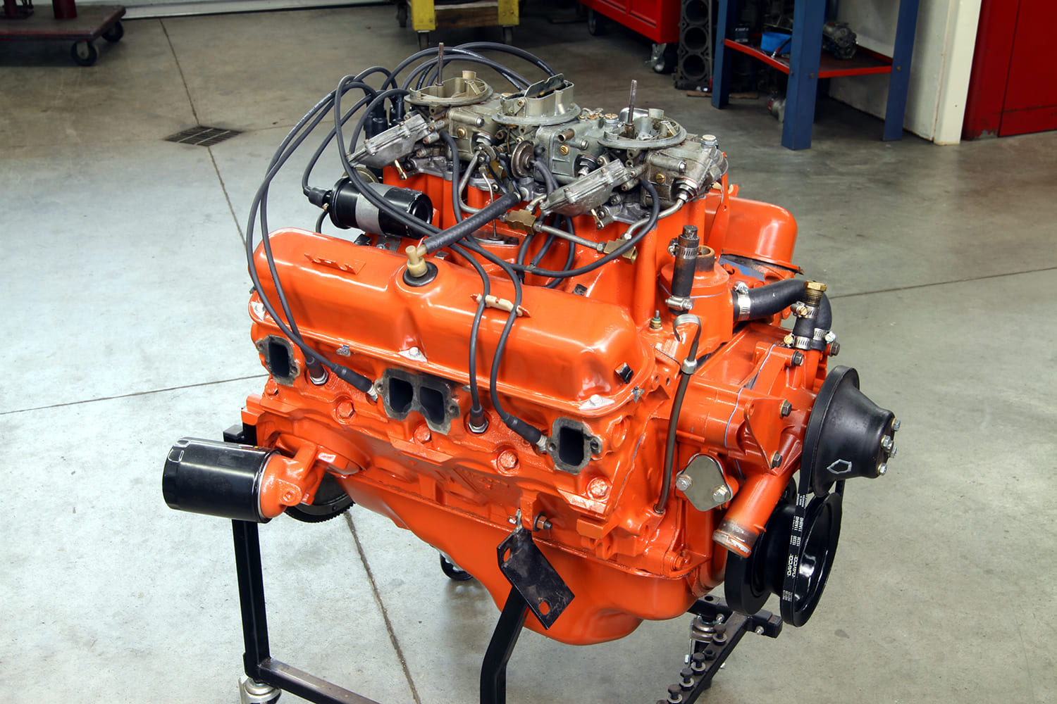 25 Complete Mopar 340 engine with Six Pack intake and valve covers ready for dyno