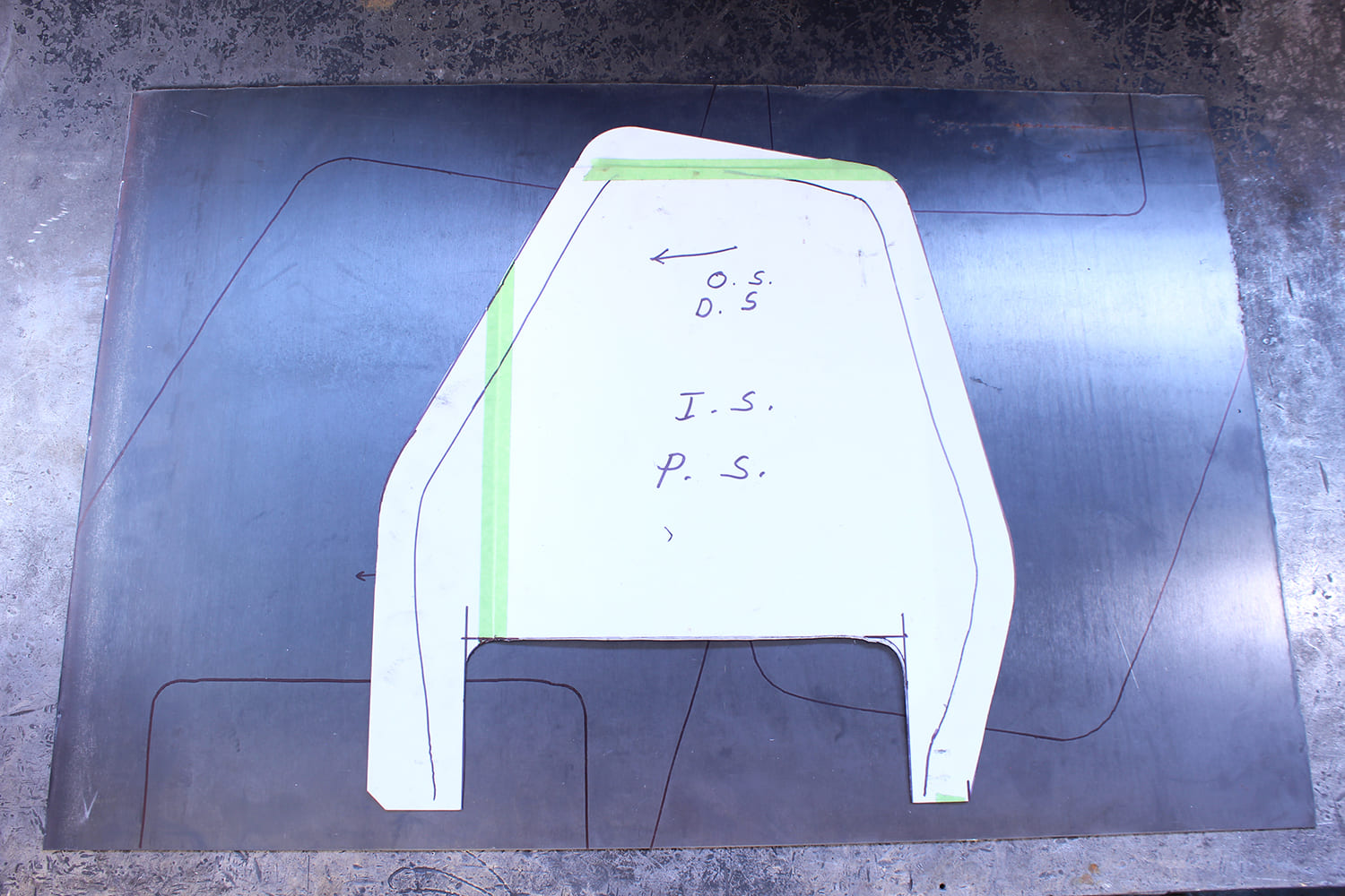 26 Cardboard template laid out on steel sheet for tracing new Mustang patch panel shape