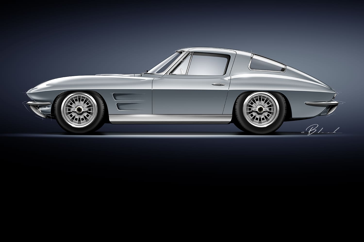 27 1963 Corvette restomod rendering digital side profile custom wheels pro touring stance eBlack design