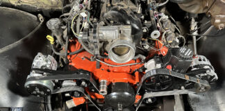 00 Clean front engine shot with serpentine drive alternator and AC installed using Billet Specialties Tru Trac kit