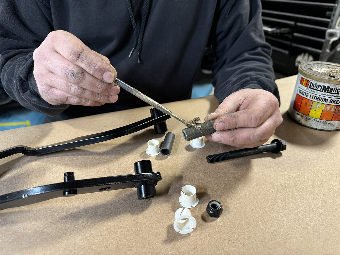 002 1971 Camaro clutch pedal linkage getting prepped with bushings and lithium grease