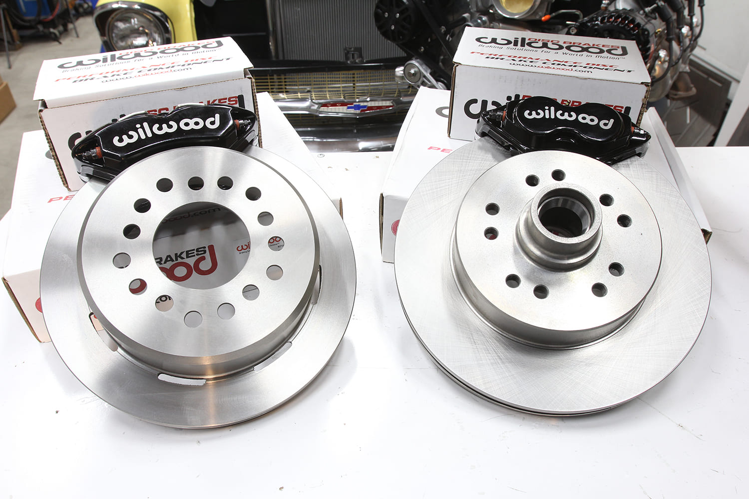 002 Wilwood brake rotors and calipers ready for installation on a classic Chevy brake upgrade