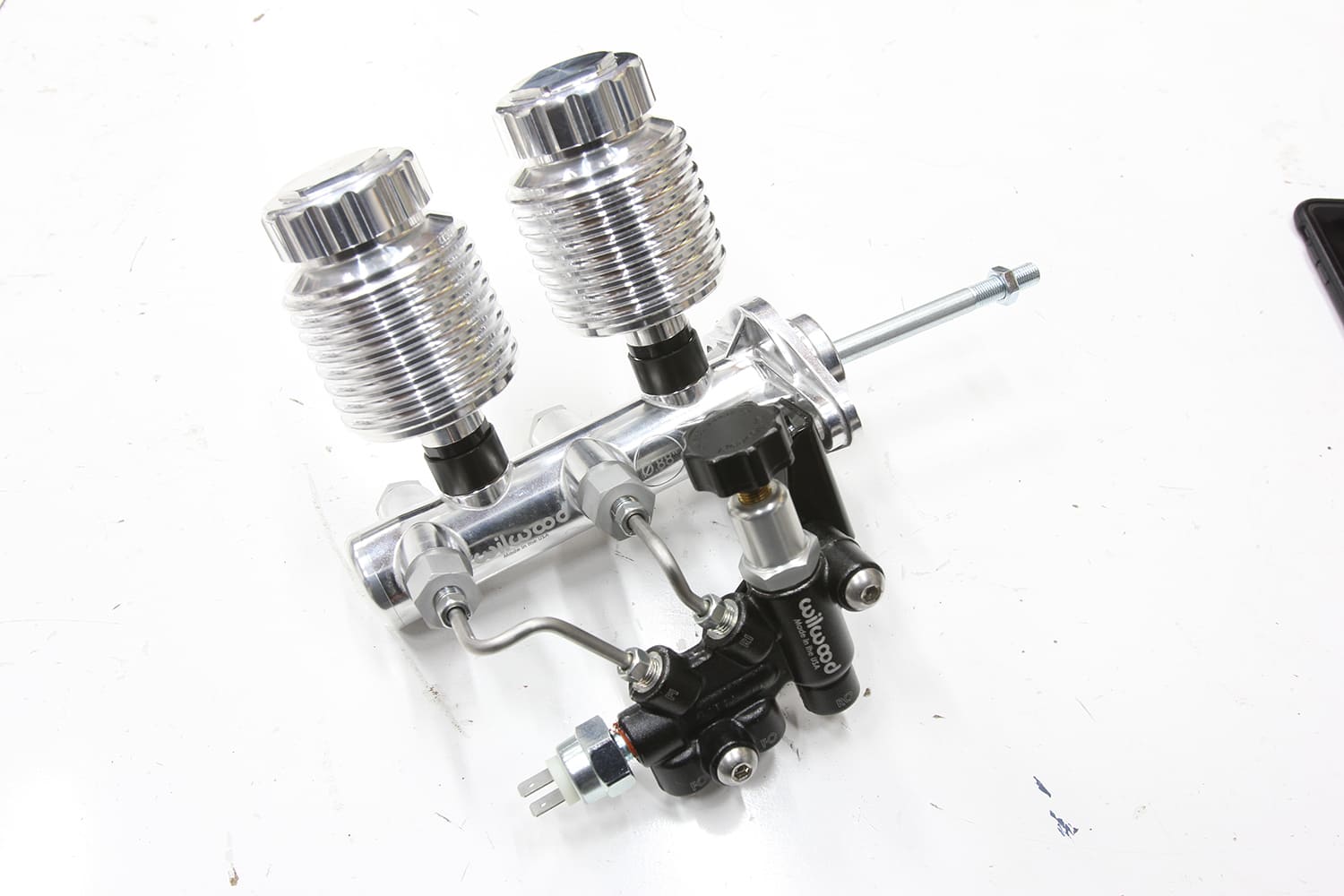 003 Wilwood tandem master cylinder and proportioning valve assembled with billet reservoirs
