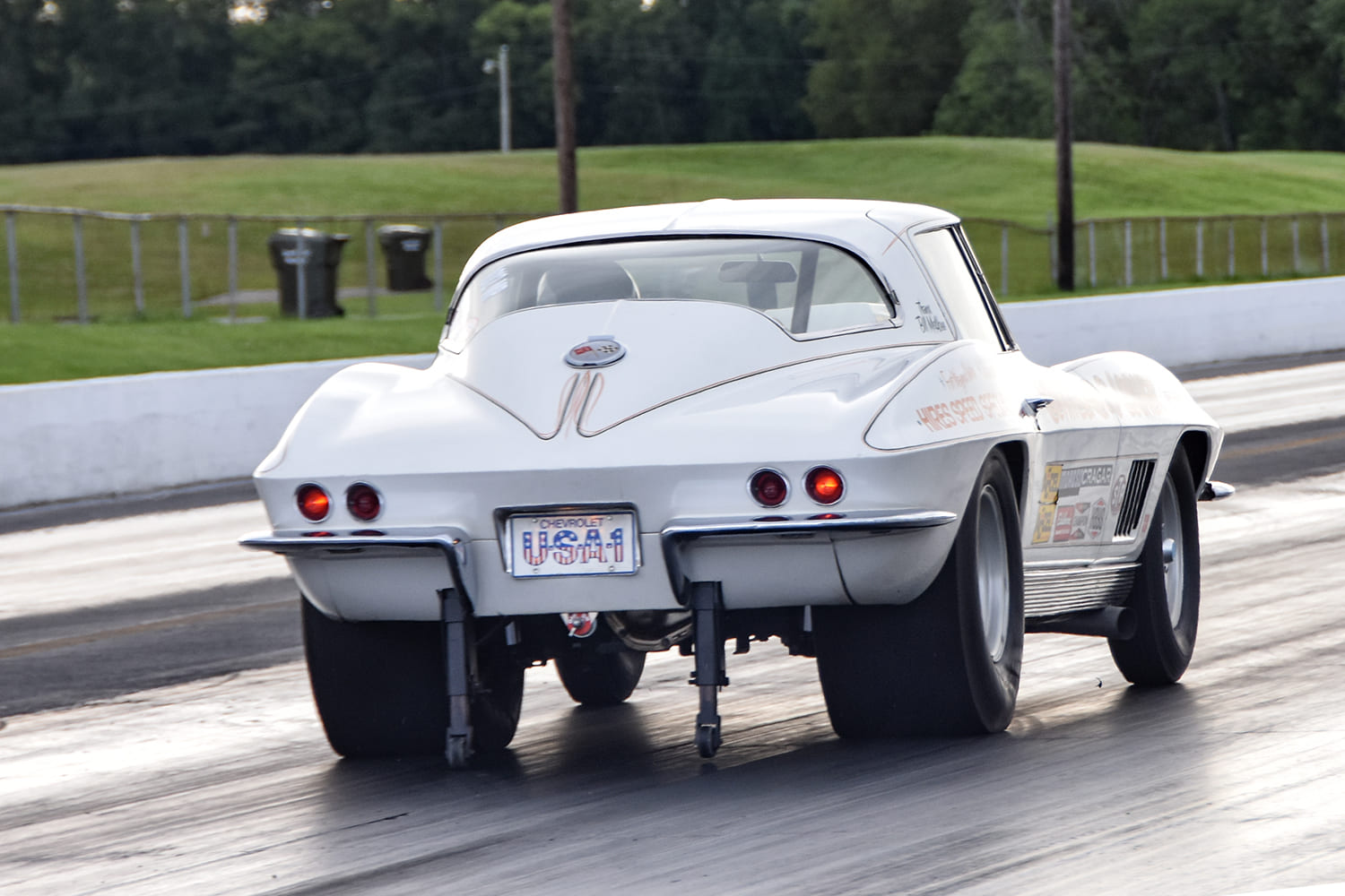 006 Launch shot of 1963 Corvette showing USA 1 plate and rear suspension setup for quarter mile runs