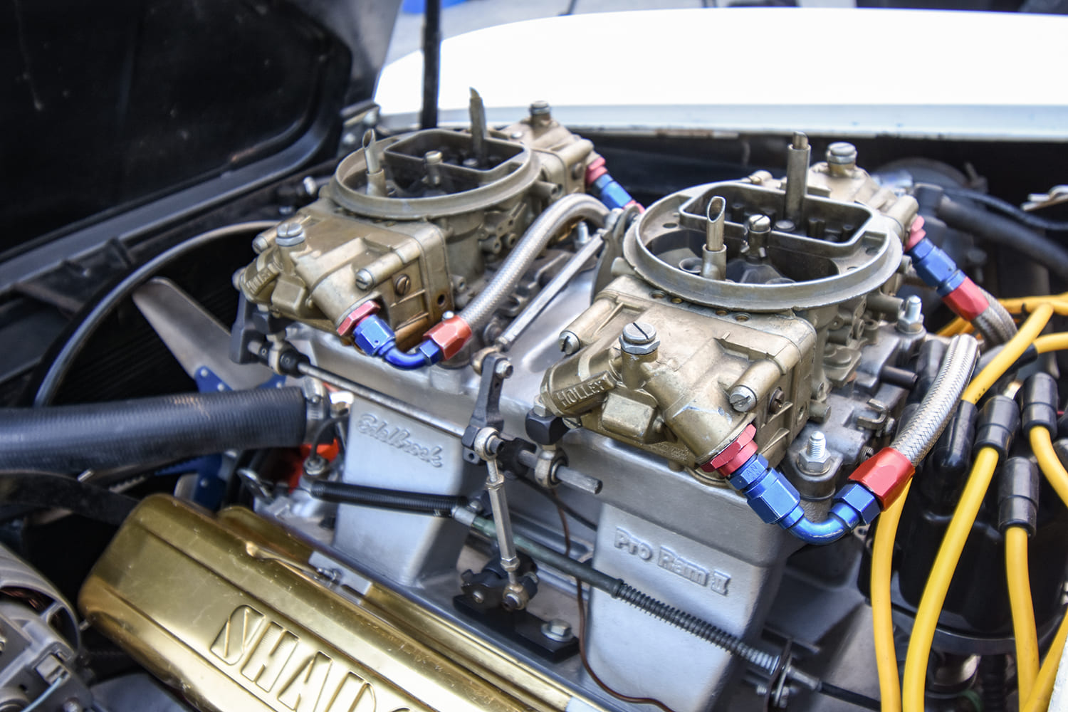 008 Close up of dual Edelbrock Pro Ram II intakes with Holley carbs on the high rise V8 setup