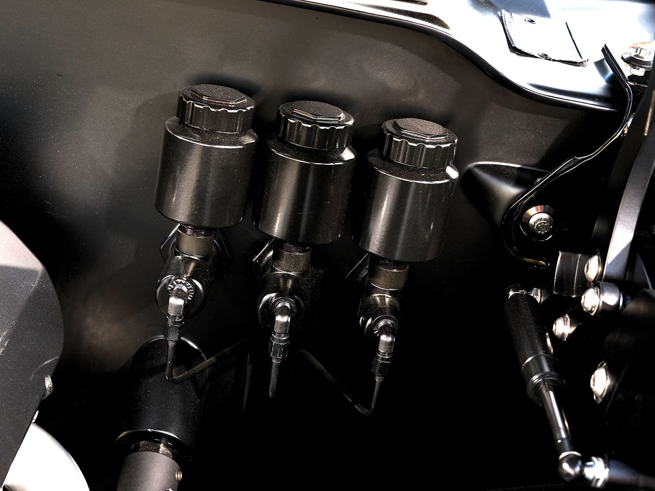 009 1970 Camaro triple remote reservoirs shaved engine bay finish