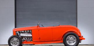 01 1932 Ford Roadster orange hot rod shaved hood billet wheels