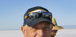 01 1960 George Poteet portrait salt flats motorsport hat sunglasses brown tee vintage style