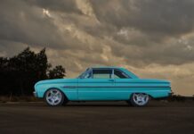 01 1963 Ford Falcon in turquoise with chrome trim and custom 5 spoke wheels