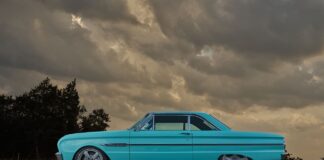 01 1963 Ford Falcon in turquoise with chrome trim and custom 5 spoke wheels
