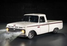 01 1966 Ford F 100 Custom Cab lowered white red stripe billet wheels