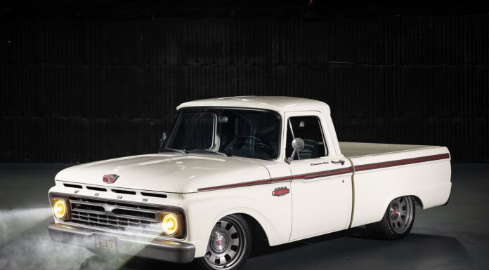 01 1966 Ford F 100 Custom Cab lowered white red stripe billet wheels