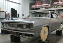 01 1971 Plymouth Duster shell prepped for custom build with bare metal and mock up wooden wheels