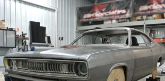 01 1971 Plymouth Duster shell prepped for custom build with bare metal and mock up wooden wheels