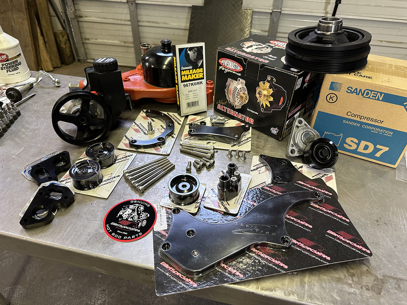 01 Full Billet Specialties Tru Trac accessory drive system laid out pre install with Sanden SD7 compressor