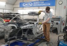 01 muscle car restorations technician prepping 1971 challenger pillar for replacement