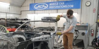 01 muscle car restorations technician prepping 1971 challenger pillar for replacement