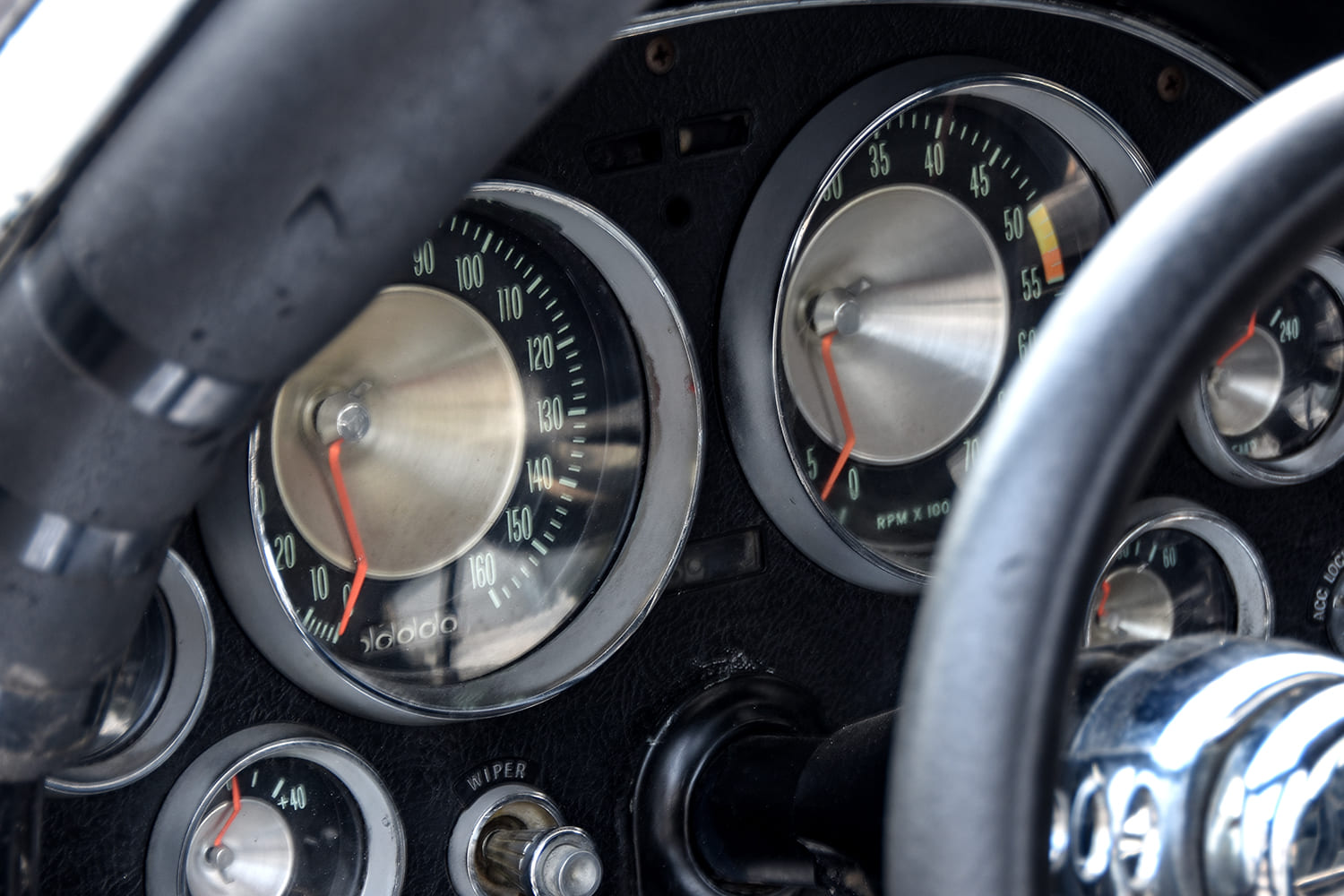 010 1963 Corvette dashboard with factory style gauges aftermarket tach and switchgear for drag racing use