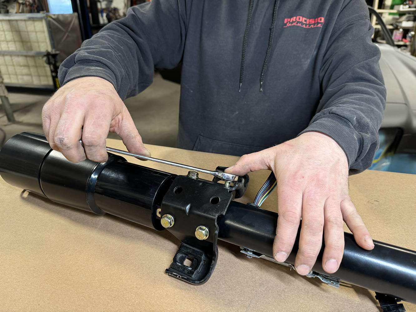 010 1971 Camaro steering column bracket being torqued to spec during final assembly