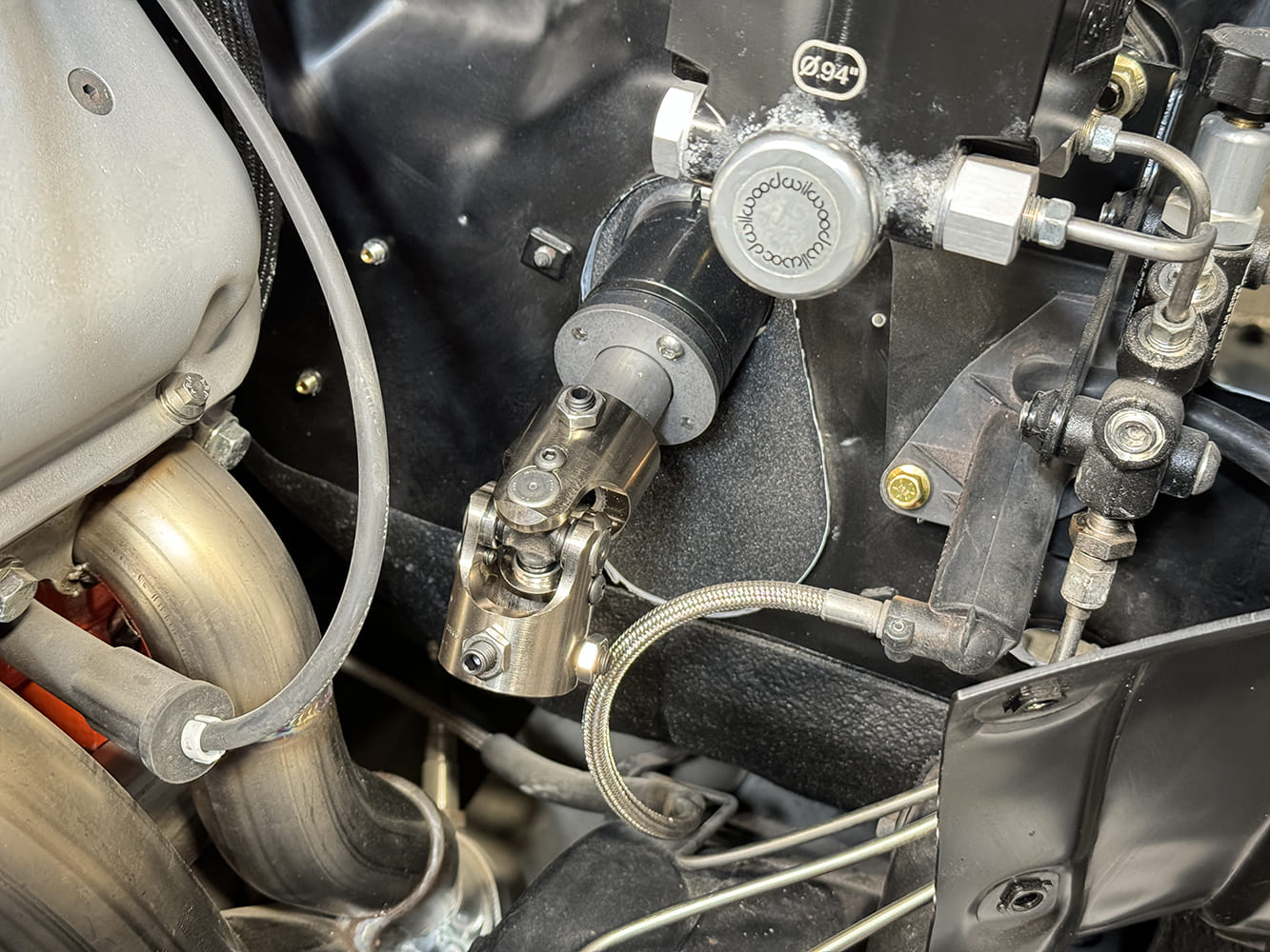 016 1971 Camaro Wilwood master cylinder and steering linkage fitment visible near headers