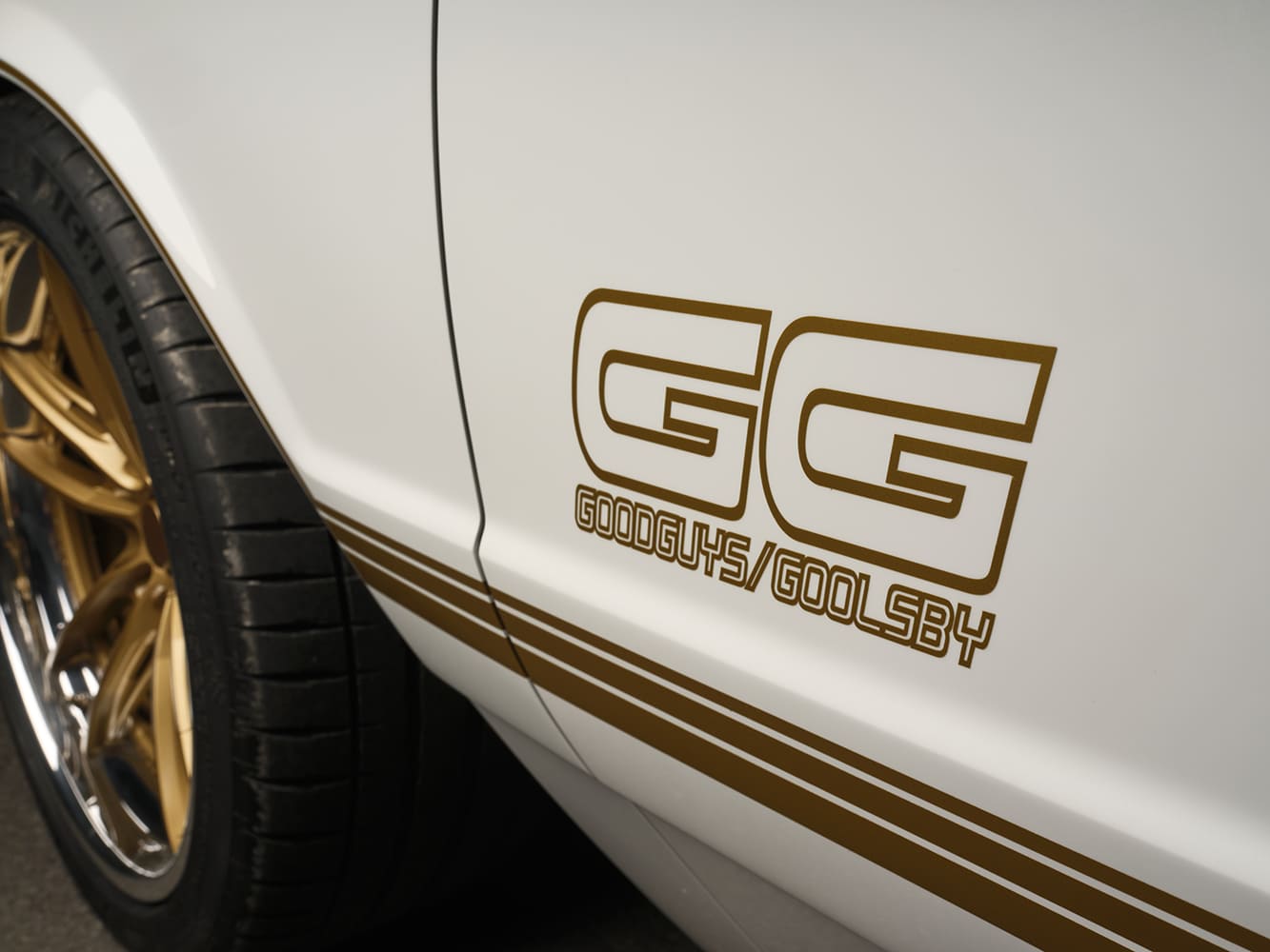 016 1987 Monte Carlo rear fender sporting GG GoodguysGoolsby graphics over pearl white paint