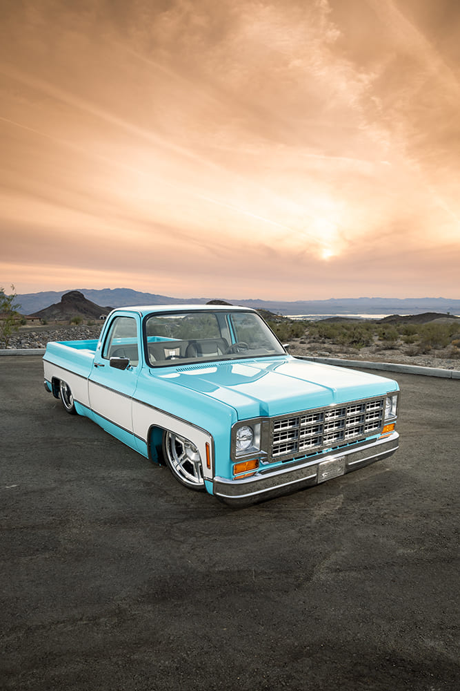 02 1973 Chevy C10 squarebody restomod billet grille sunset desert background