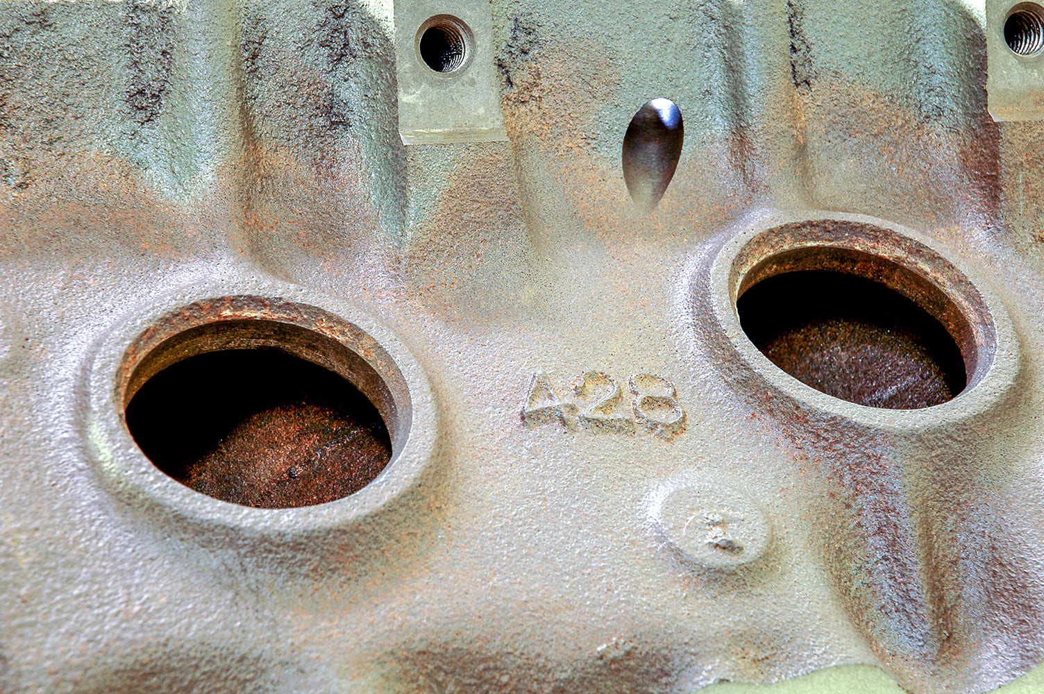 02 Factory casting shows “428” Pontiac block identifier confirming displacement for Tri Power build