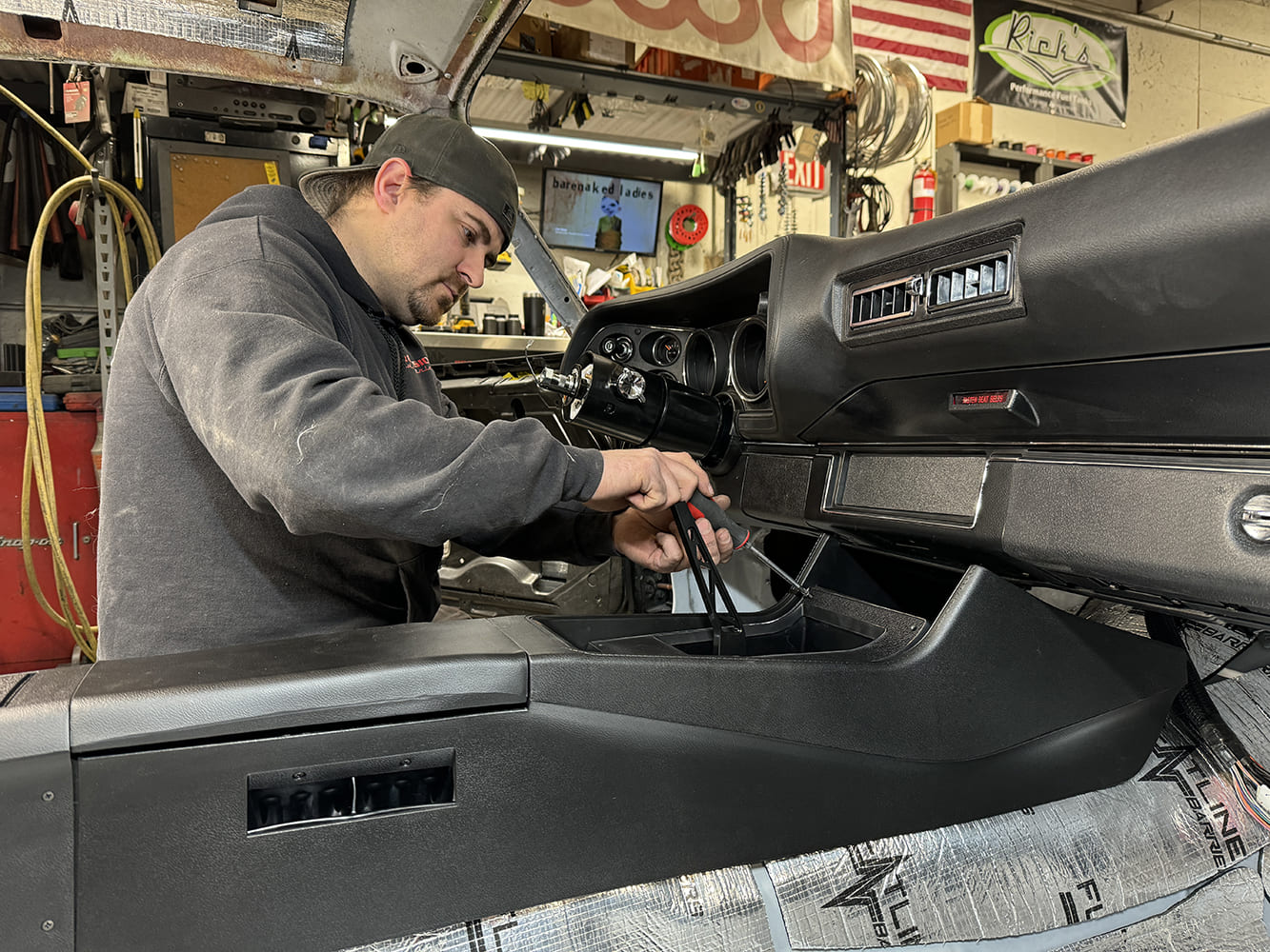 026 1971 Camaro console test fit into dash during interior assembly with gauges in view