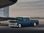 03 1960 Ford crew cab pickup blue and white stance build vintage DC 3 backdrop runway scene