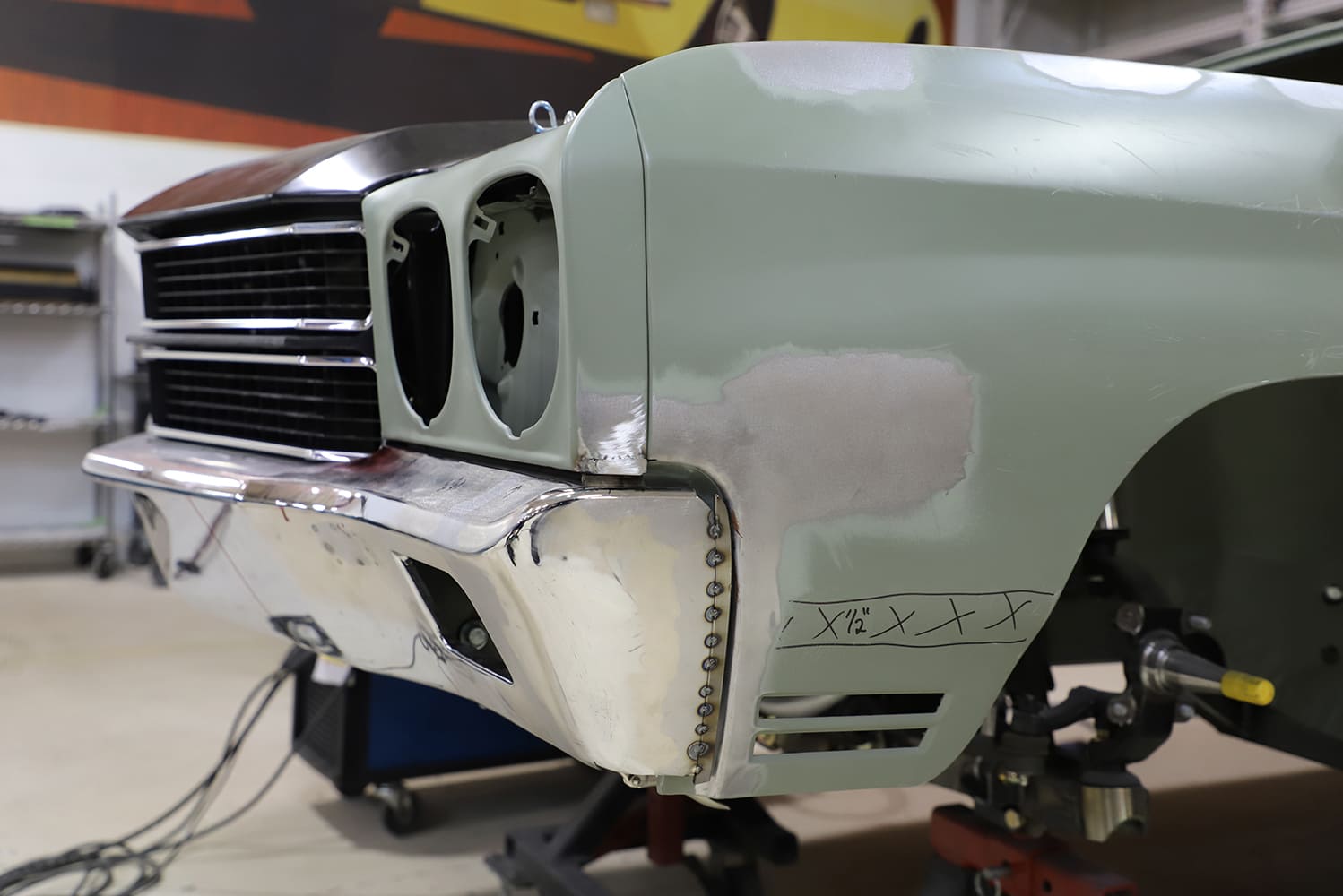 03 1970 Chevelle lower fender patch panel TIG tacked and test fitted before finish weld