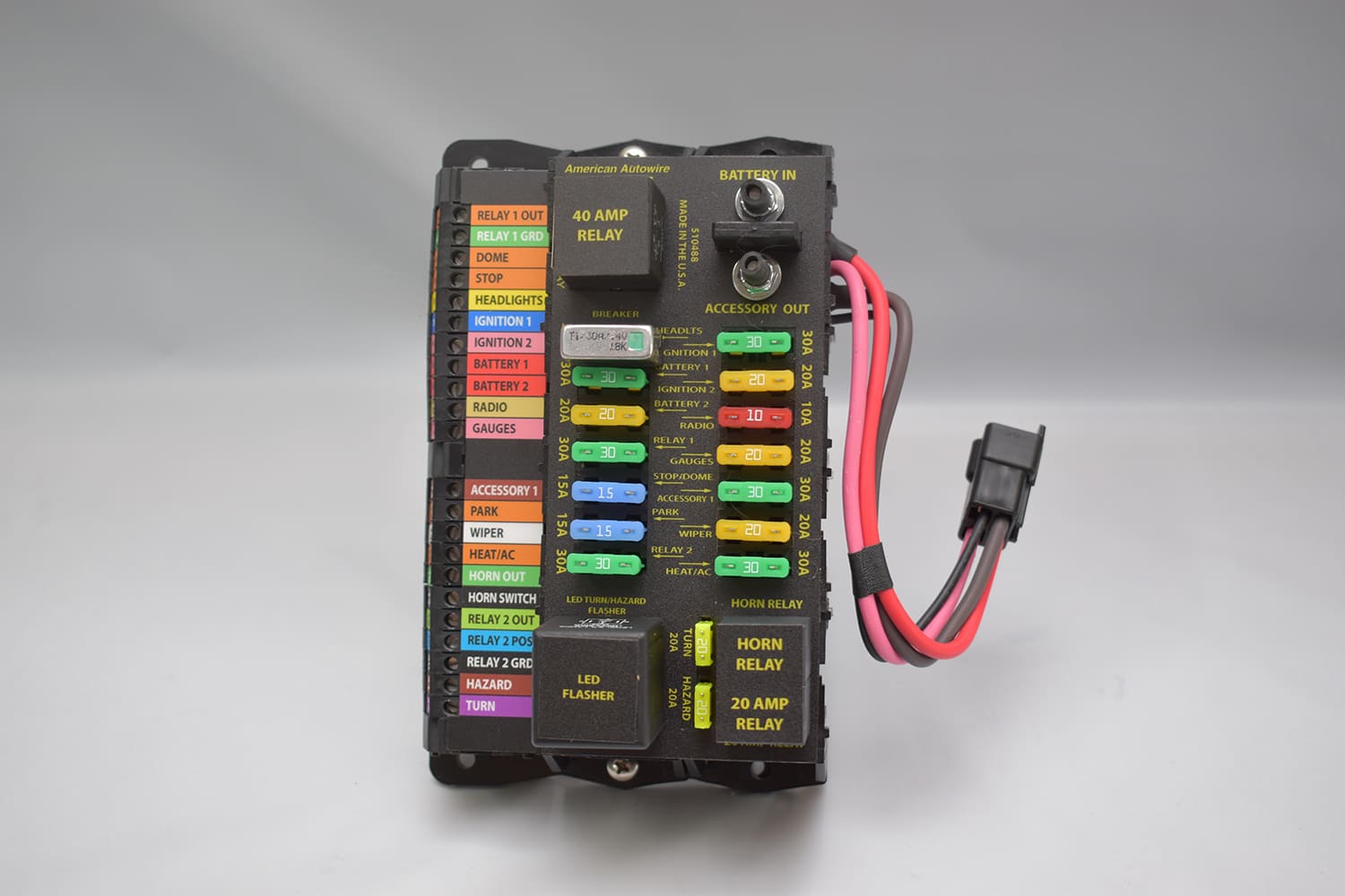 03 Close up of American Autowire fuse panel featuring relays and labeled color coded fuses
