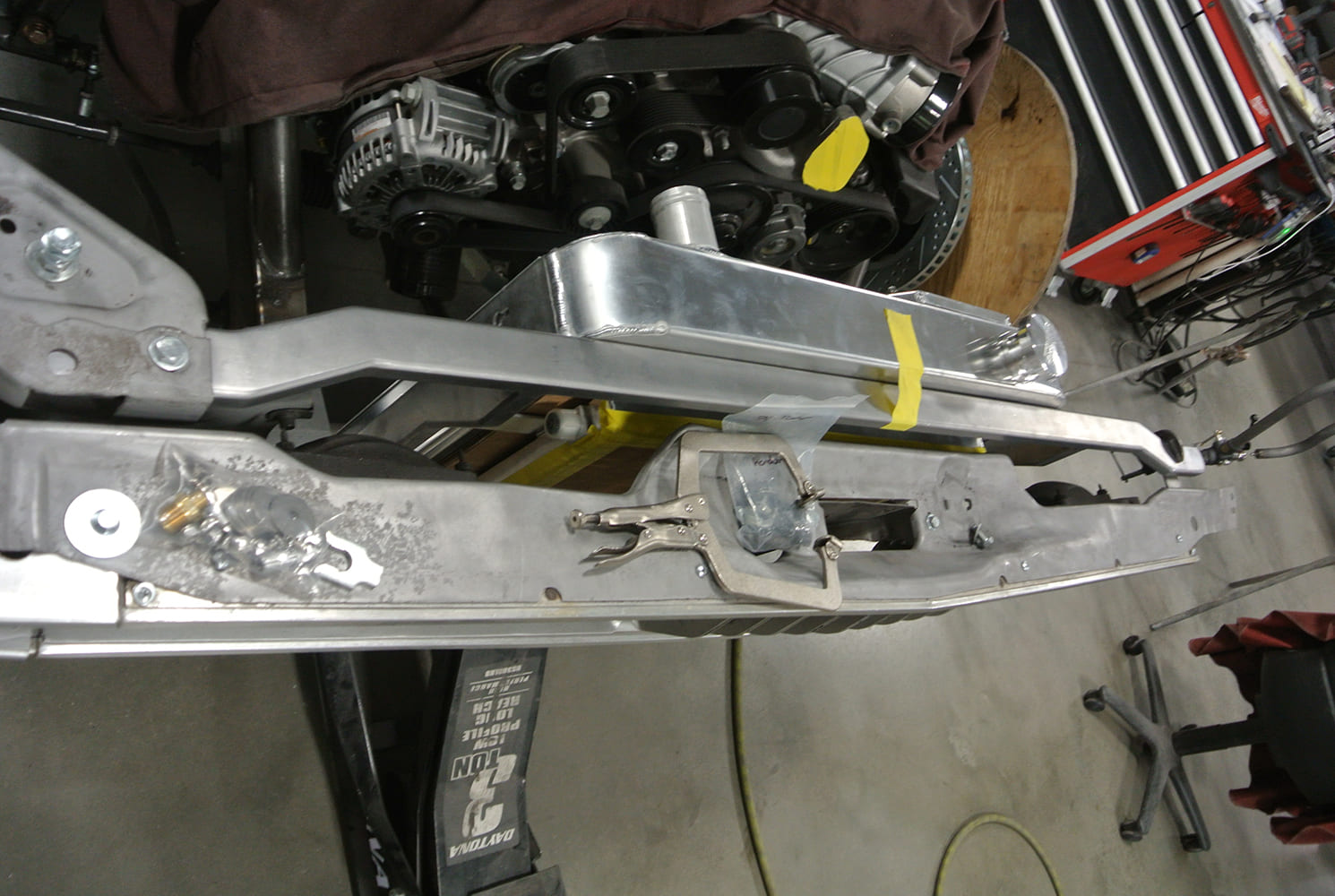 03 Custom aluminum radiator support mocked up with HEMI belt drive visible