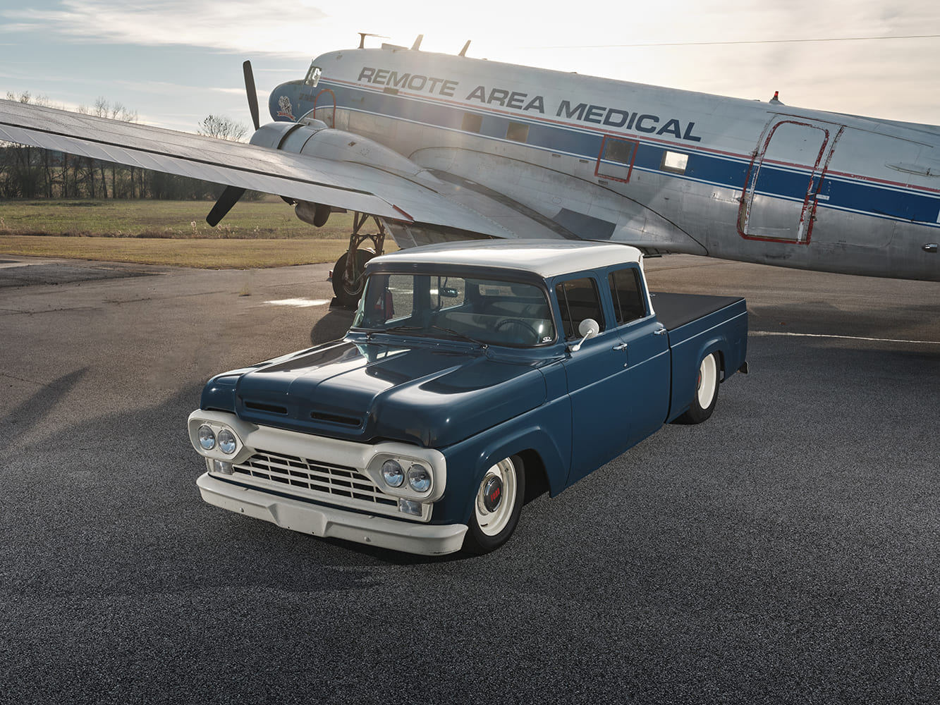 04 1960 Ford F Series quad cab truck slammed stance airport tarmac retro aviation backdrop