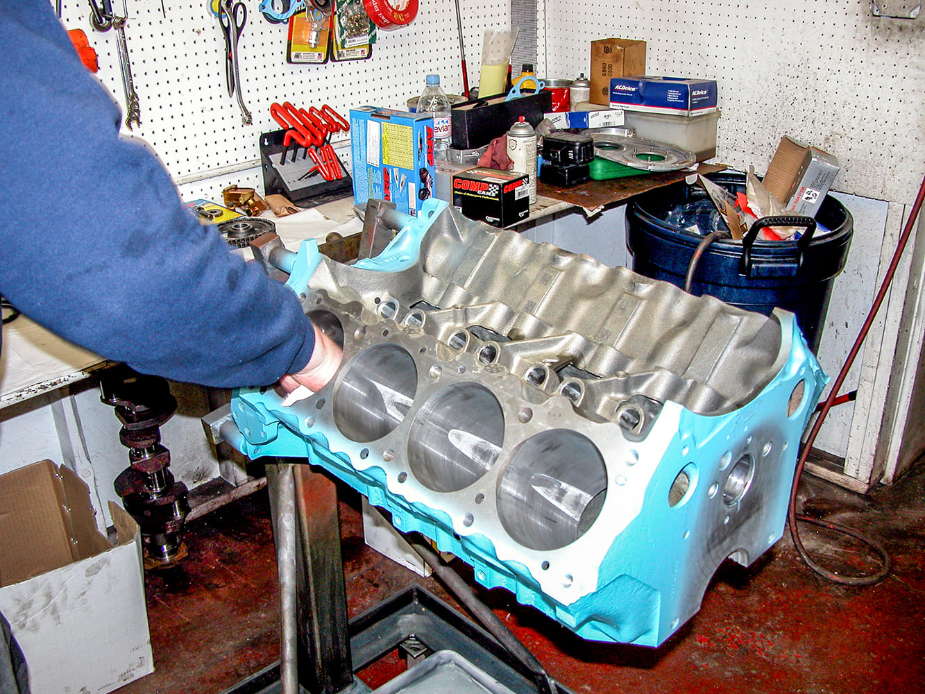 04 Cleaned and painted Pontiac 428 short block on stand prepped for assembly