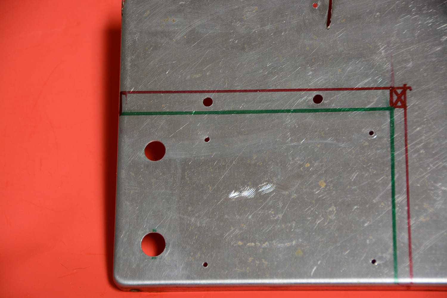 05 Marked aluminum panel prepped for mounting holes and switchcontroller layout for fan control system