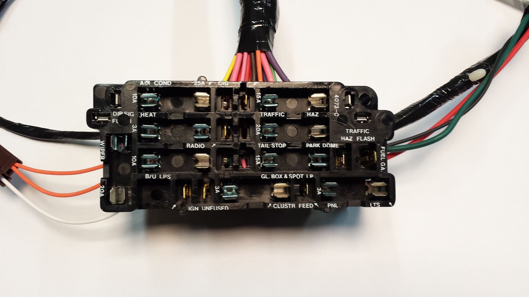 05 Original 1960 Dodge style fuse block with glass fuses and printed circuit labels