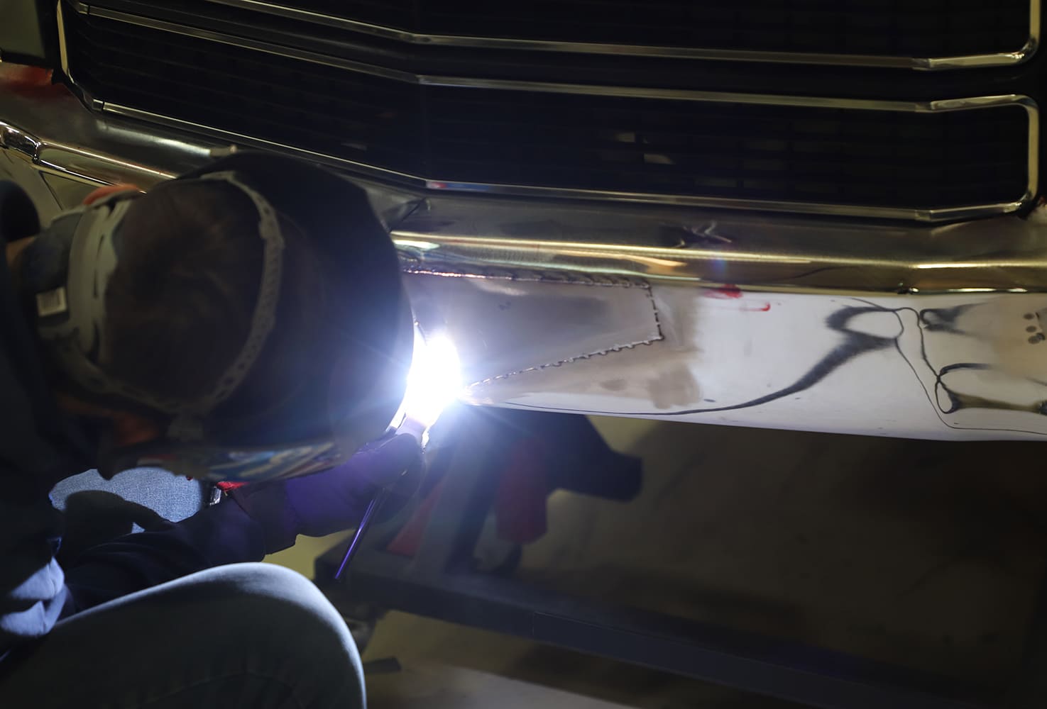 05 TIG welding repair patch into 1970 Chevelle front bumper lower edge